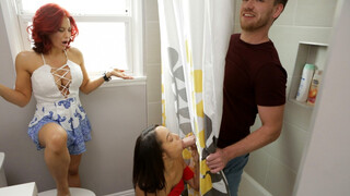 Half-Sisters Forbidden Kiss: A Peek-a-Boo Blowjob Through the Curtain